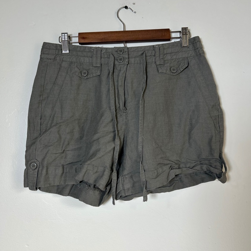 Sandro Shorts‎ Womens 8 Olive Green Linen Rayon Utility Cargo Cuffed Drawstring